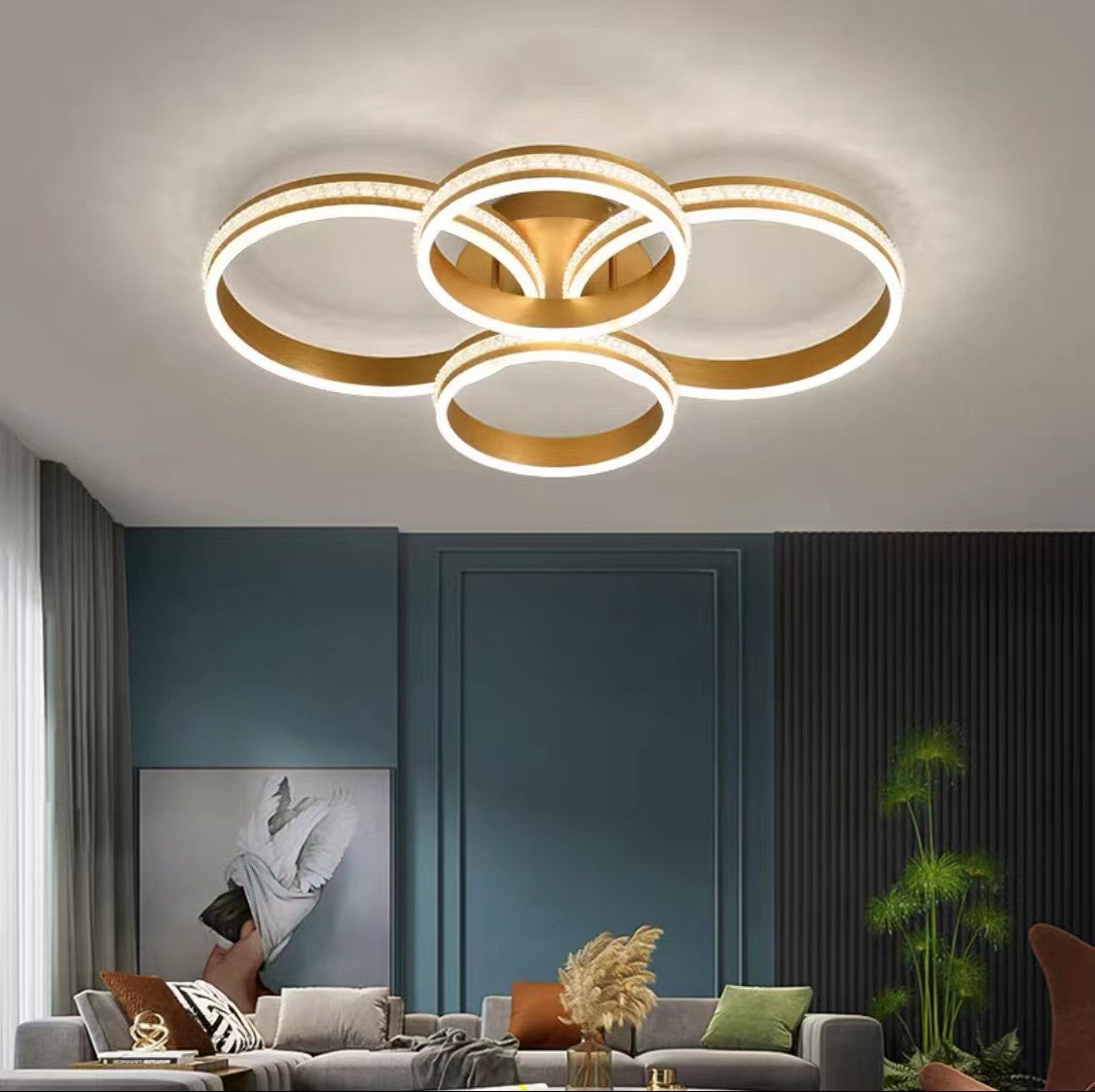 Lustra LED tavan 4 inele aurii, putere 360W, lumina calda/neutra/rece reglabila, montaj aplicat, design modern living