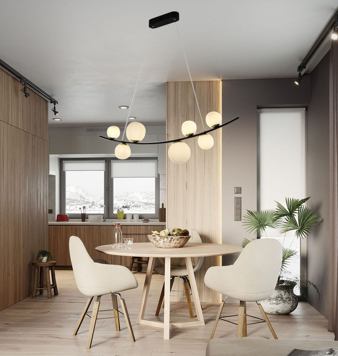 Lustra LED suspendata cu 7 globuri din sticla alba mata, brat curbat negru mat, soclu G9, max 25W, deasupra mesei de dining