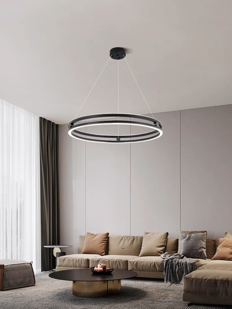 Lustra LED dublu inel negru mat 92W, 4000lm, suspendata in living modern, lumina reglabila cu telecomanda WiFi