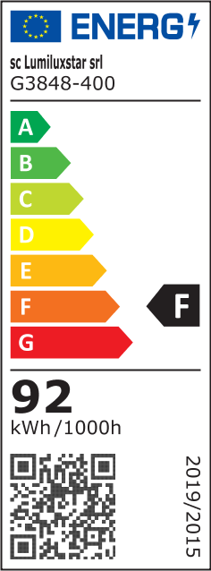 Eticheta energetica clasa F, consum 92 kWh/1000h, lustra LED inel