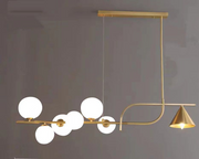 Lustra suspendata liniara aurie cu 6 globuri opal si abajur conic, 120 cm, design mid-century modern, E14/E27