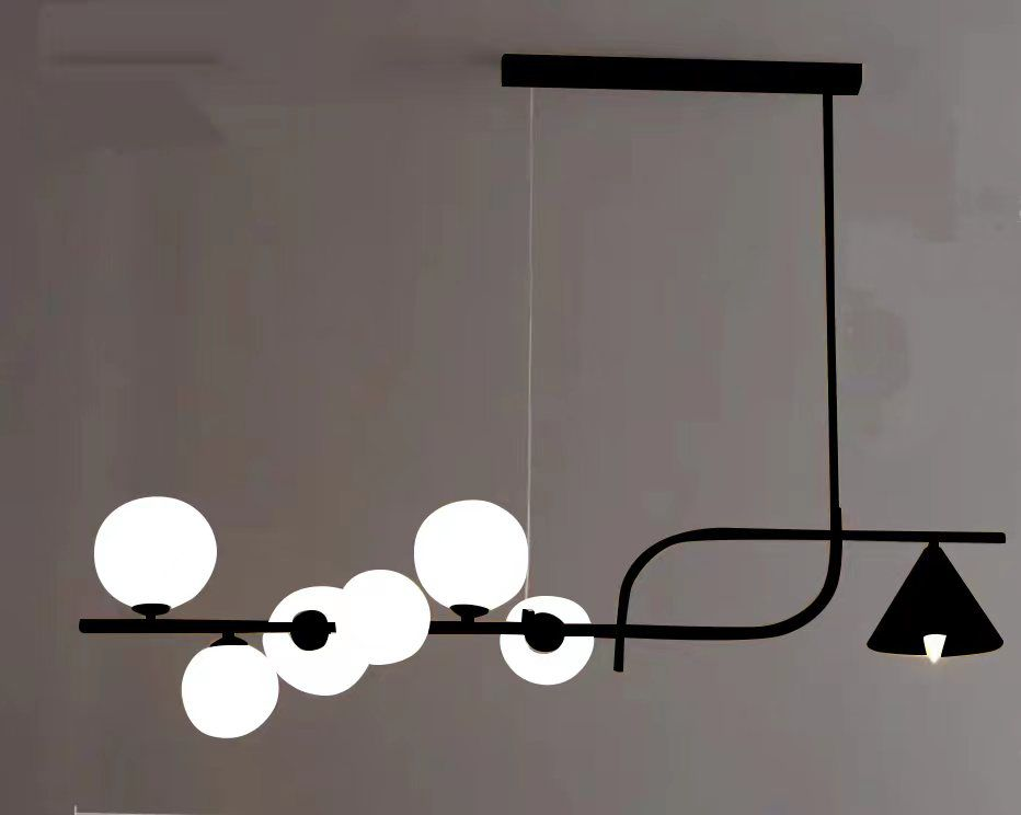 Lustra suspendata moderna cu 6 globuri acril opal si abajur conic, structura metal negru mat, 40W, 1200mm lungime