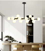 Lustra suspendata cu 16 globuri acril opal, structura ramificata metal negru mat, montaj tavan, design nordic modern