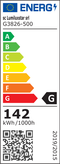 Eticheta energetica clasa G, consum 142 kWh/1000h, plafoniera LED 142W
