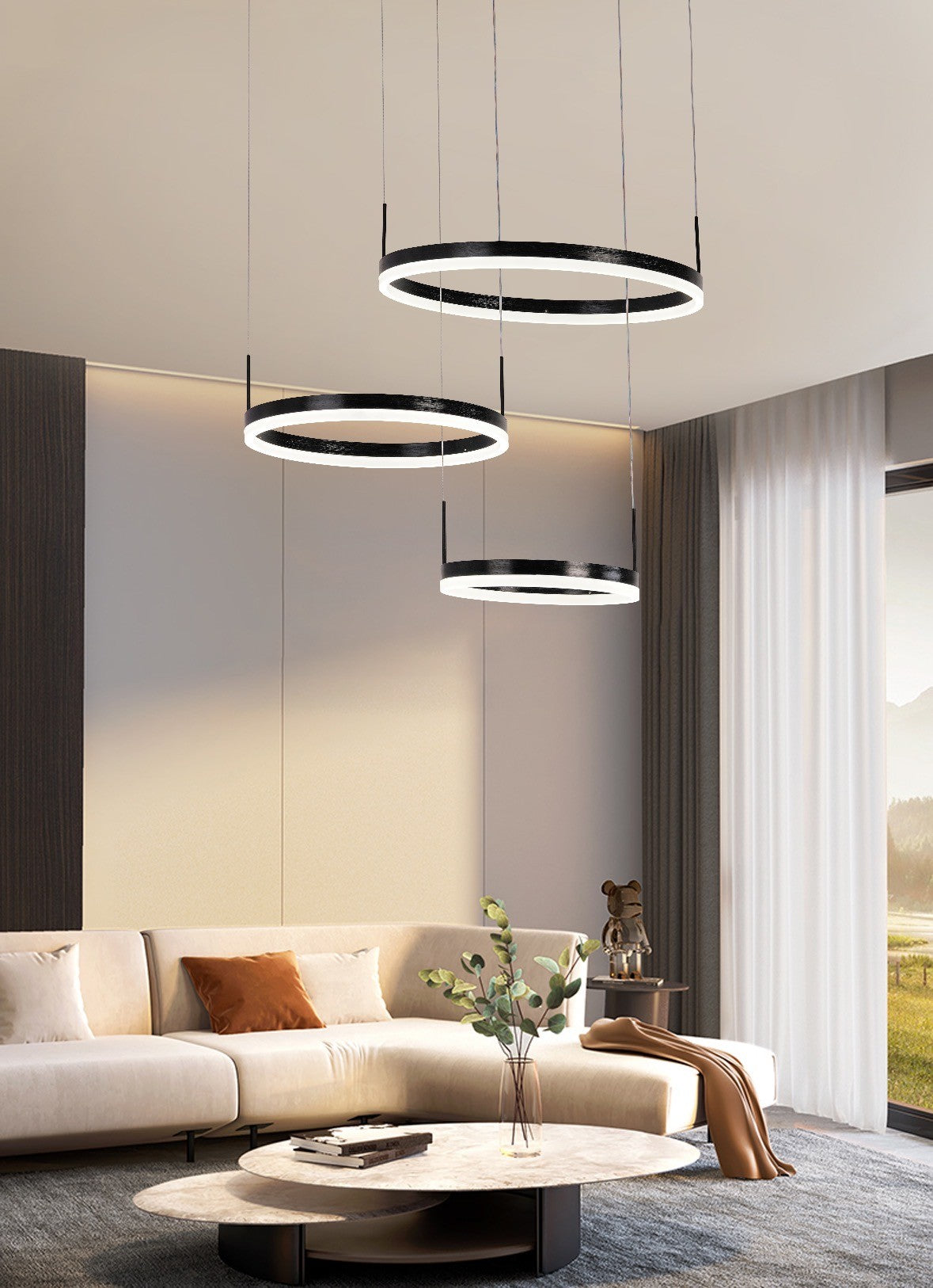 Lustra LED cu inele suspendate la inaltimi diferite, montata in living modern, lumina calda reglabila