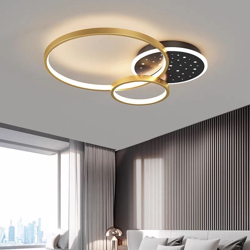 Lustra LED 108W inele concentrice auriu-negru cu efect stele, montaj tavan, lumina calda/rece/neutra