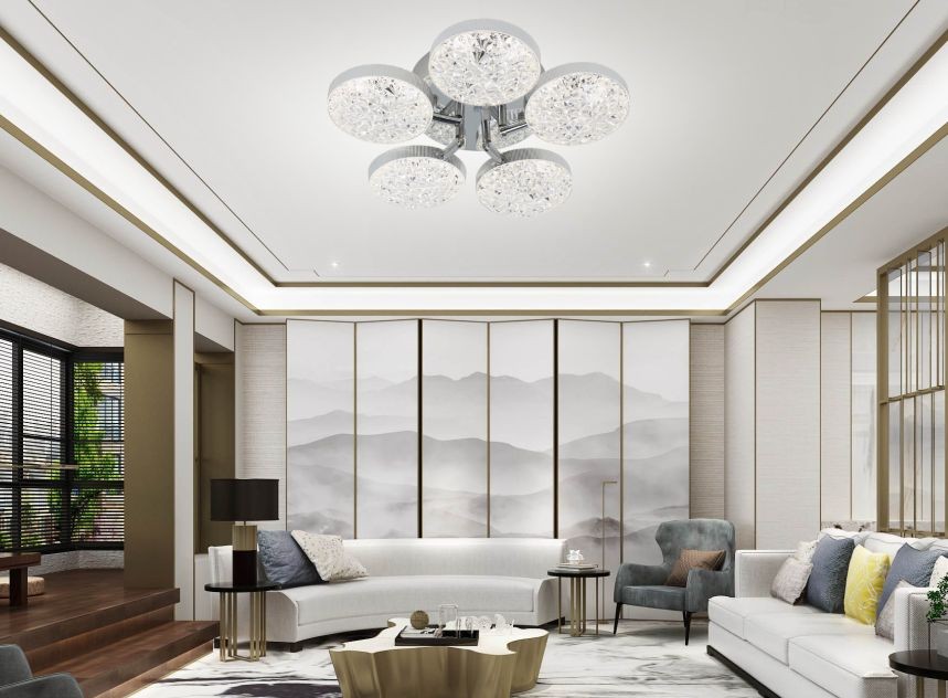 Plafoniera LED 100W 5000lm cu 5 discuri acril fatetat si telecomanda WiFi, montaj aplicat tavan, lumina reglabila
