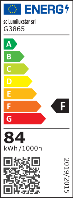 Eticheta energetica clasa F, consum 84 kWh/1000h, lustra LED suspendata