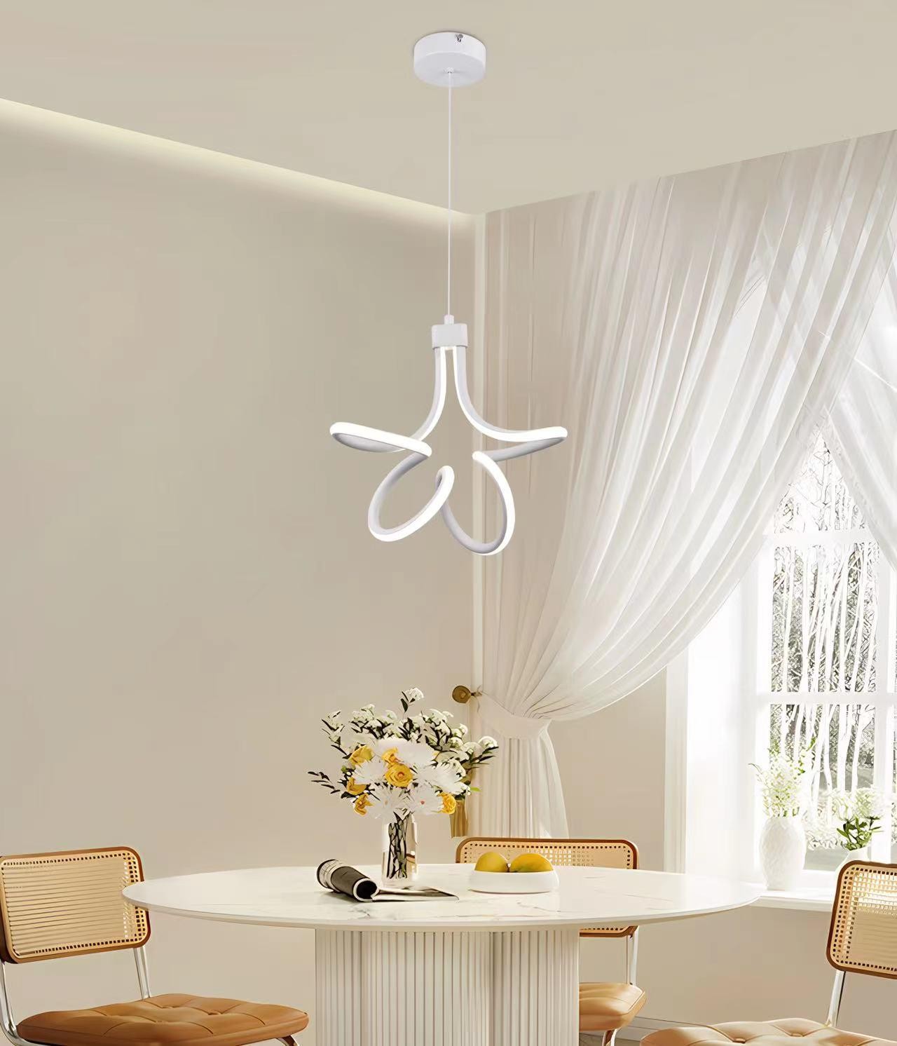 Lustra LED suspendata 30W, design floral cu tuburi curbate din acril, lumina alba, montaj tavan, deasupra mesei de dining