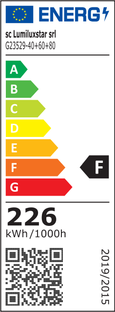 Eticheta energetica clasa F, consum 226 kWh/1000h, lustra LED cu trei inele
