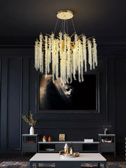 Candelabru cristal auriu cu pandantive in cascada, 9xE14, D600mm, montat pe tavan in living elegant
