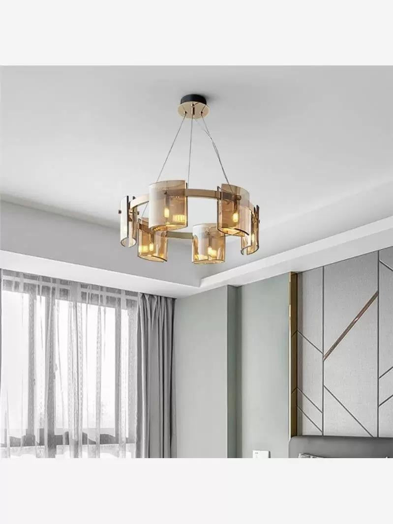 Lustra suspendata moderna cu 6 becuri G9, abajururi din sticla ambrata si cadru circular auriu, 25W, diametru 600mm
