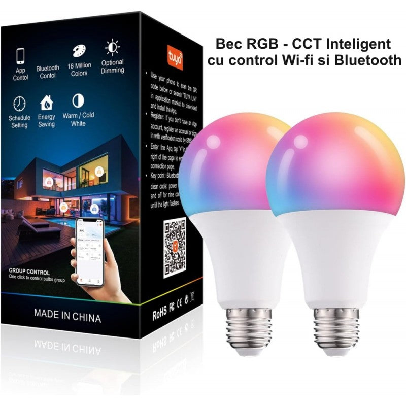 Bec smart LED RGB-CCT E27 in cutie, pachet dublu cu control Wi-Fi si Bluetooth