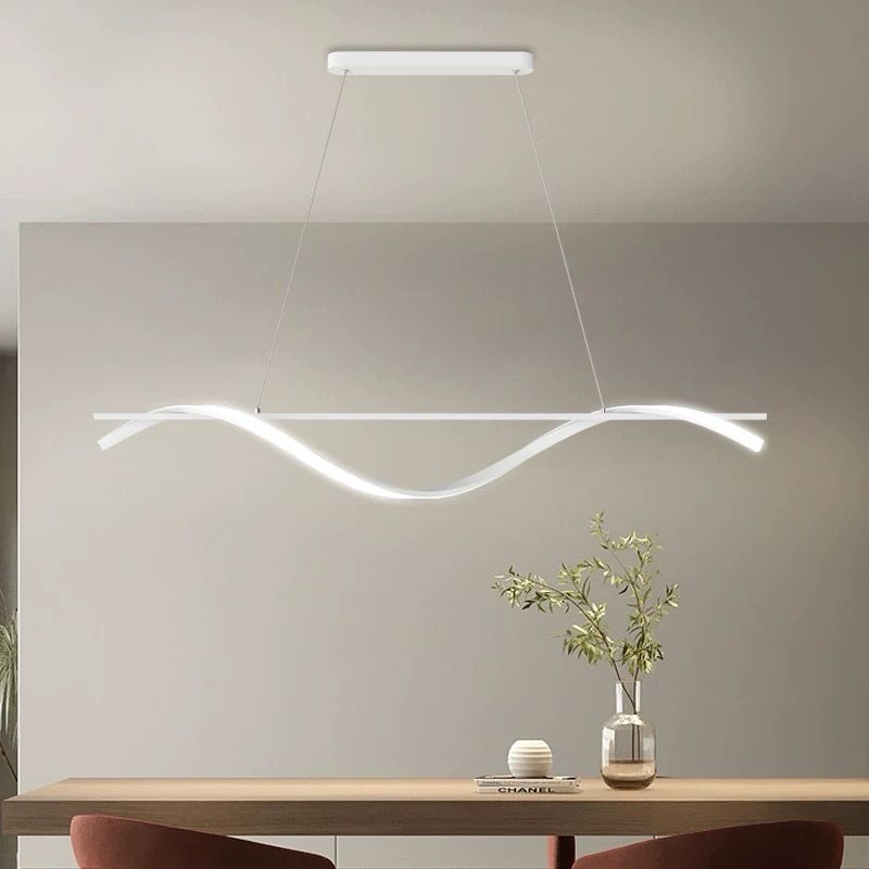 Lustra LED suspendata 30W forma val, lumina reglabila 3000K-6500K, design minimalist alb, montaj tavan dining