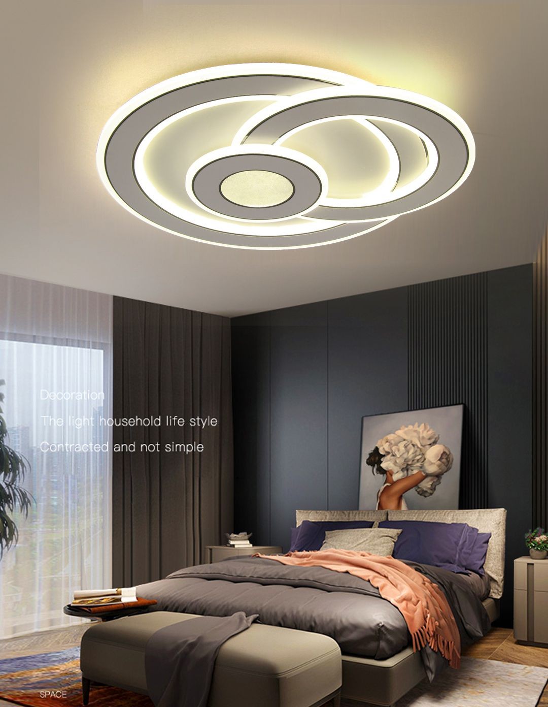 Plafoniera LED aplicata pe tavan in dormitor modern, atmosfera calda, design circular cu inele suprapuse