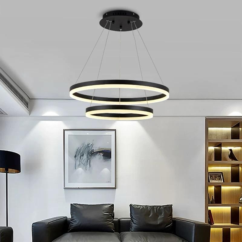 Lustra LED ring cu 2 inele negre suspendata, 43W, lumina calda, montaj tavan living modern