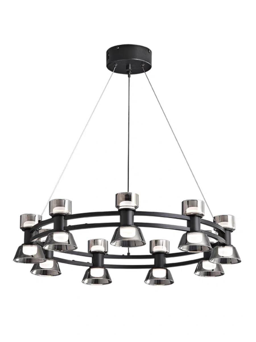 Lustra LED circulara 54W 4000K, cadru negru mat cu abajururi din sticla fumata cromata, diametru 63cm