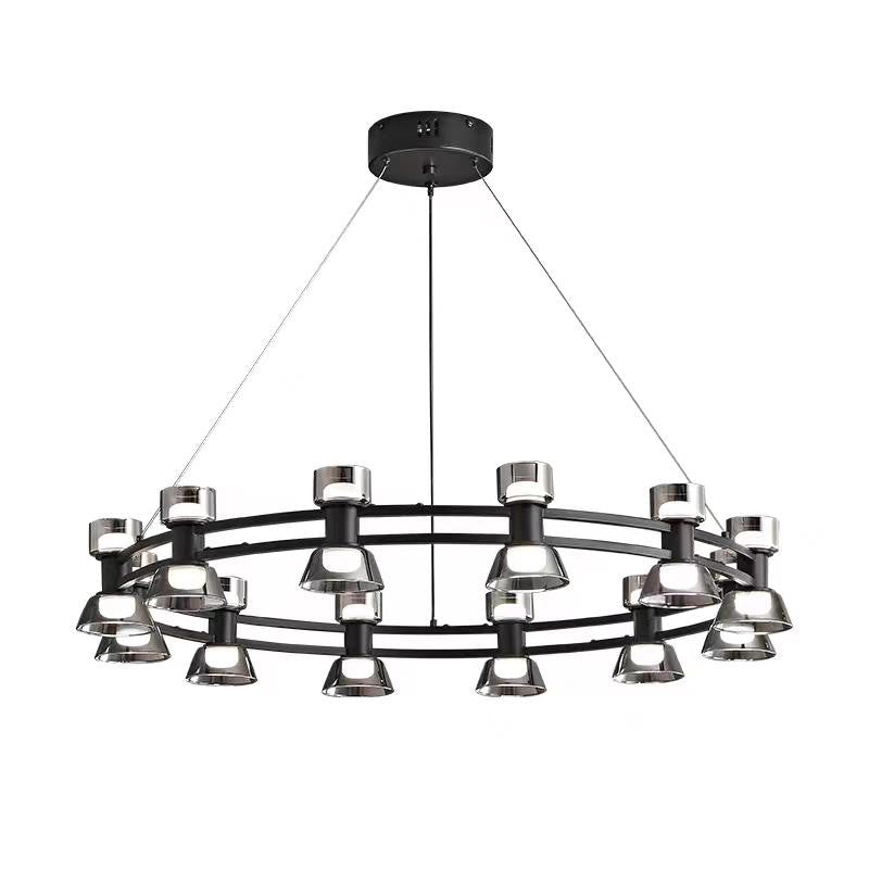 Lustra LED inelara dubla, cadru metalic negru mat, 12 capete de iluminat cu sticla fumata, fond alb