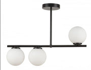 Lustra moderna 3 globuri sticla opalina, structura metalica neagra mata, montaj tavan, max 3x40W E27, latime 55cm