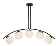 Lustra suspendata moderna cu 5 globuri sferice albe pe arc metalic negru, soclu E27x5, lungime 100cm