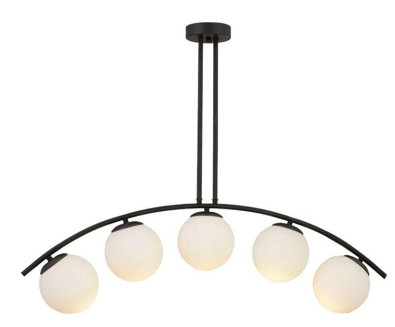 Lustra suspendata moderna cu 5 globuri sferice albe pe arc metalic negru, soclu E27x5, lungime 100cm