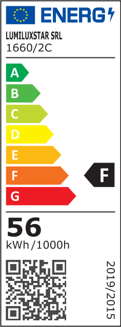 Eticheta energetica clasa F, consum 56 kWh/1000h, lustra LED RGB cristal