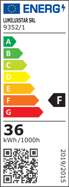 Eticheta energetica clasa F, consum 36 kWh/1000h pentru lustra LED de interior
