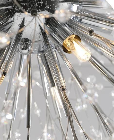 lustra sferica cu brate metalice crom si soclu G9 vizibil, detaliu interior structura