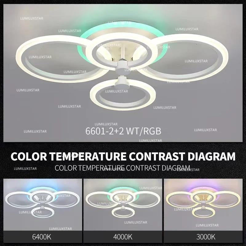 Plafoniera LED 4 inele, contrast temperaturi culoare 3000K, 4000K, 6400K si mod RGB