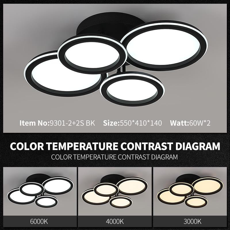 Plafoniera LED neagra cu 4 inele, temperaturi culoare 3000K, 4000K si 6000K reglabile