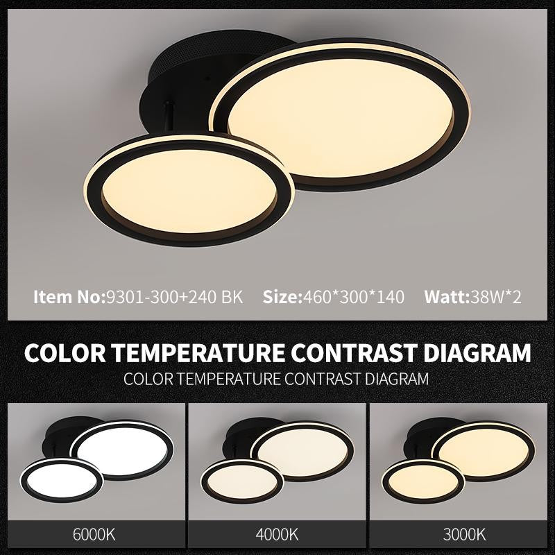 Plafoniera LED cu discuri rotunde negru, contrast temperaturi culoare 3000K, 4000K si 6000K