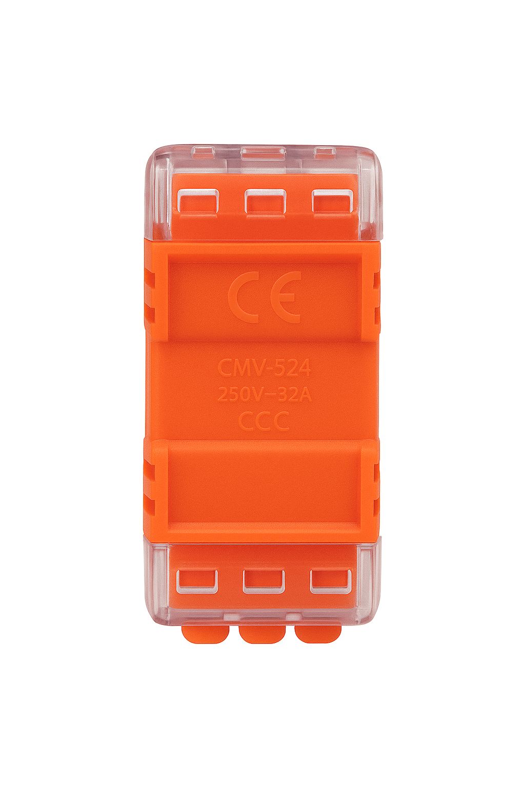 Conector push 250V 32A, vedere spate cu marcaj CE si CCC, carcasa portocalie rezistenta