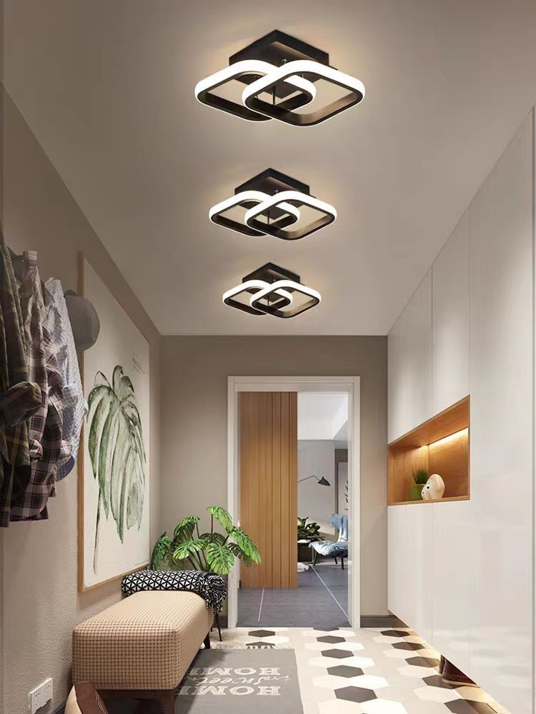 Lustra LED 22W montaj tavan, design geometric negru, 3 temperaturi culoare, montata in coridor modern