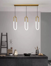 Lustra LED suspendata 54W, 3 pendule ovale aurii cu acril mat, lumina reglabila 3000K-6500K, montaj tavan bucatarie