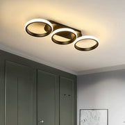 Lustra LED 66W cu 3 inele acrilice negre, montaj tavan, lumina calda 3000K, 3000 lumeni, design modern
