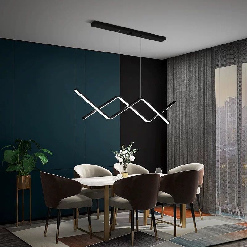 Lustra LED suspendata 92W cu design geometric linii incrucisate, 3000-6500K, montaj tavan, negru mat, deasupra mesei din sufragerie