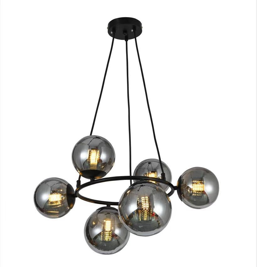 Lustra suspendata cu 6 globuri fumurii din sticla si structura metalica neagra mata, soclu G9, diametru 480 mm