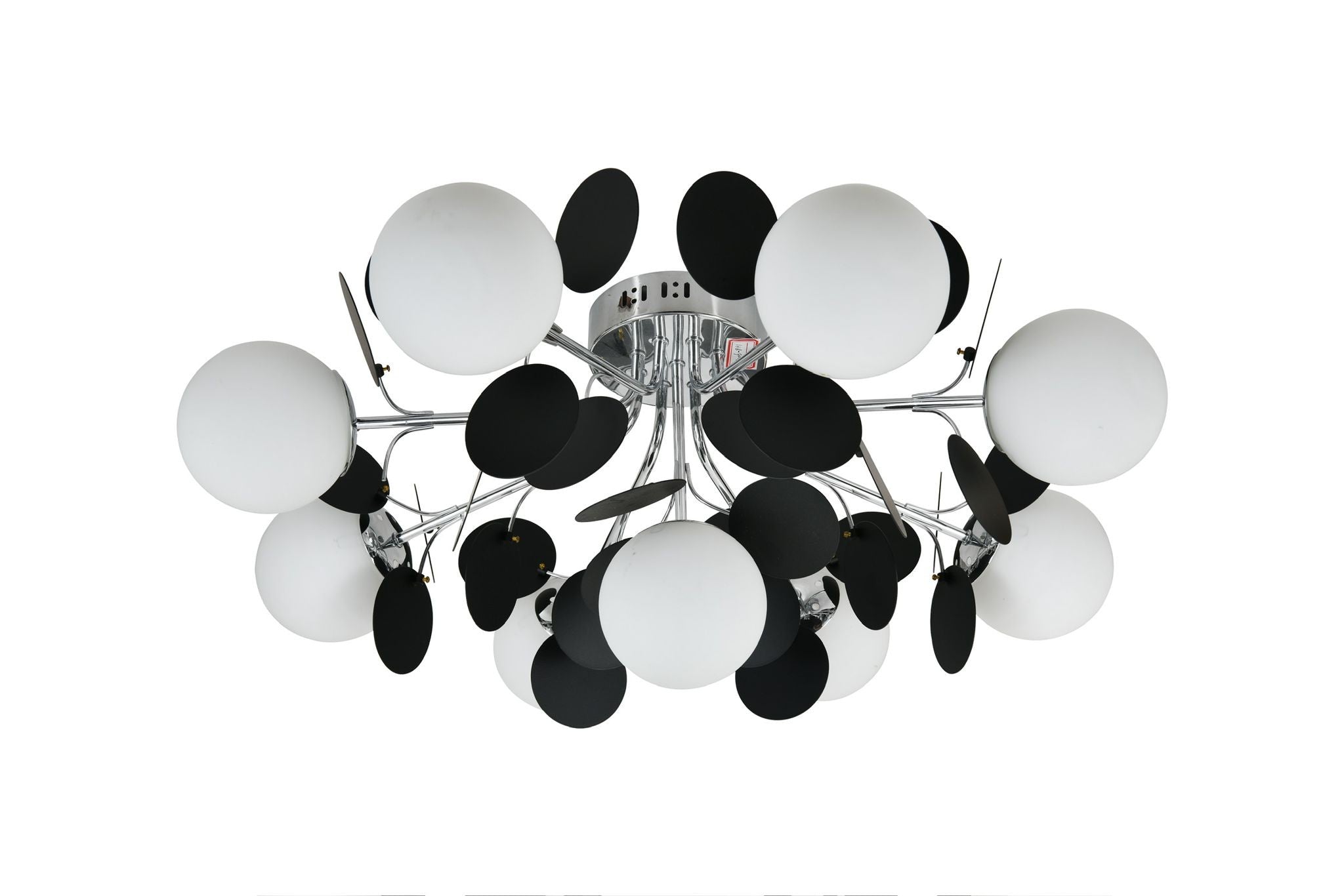 Lustra cu globuri sferice acril alb mat si discuri decorative negre mate pe structure cromata
