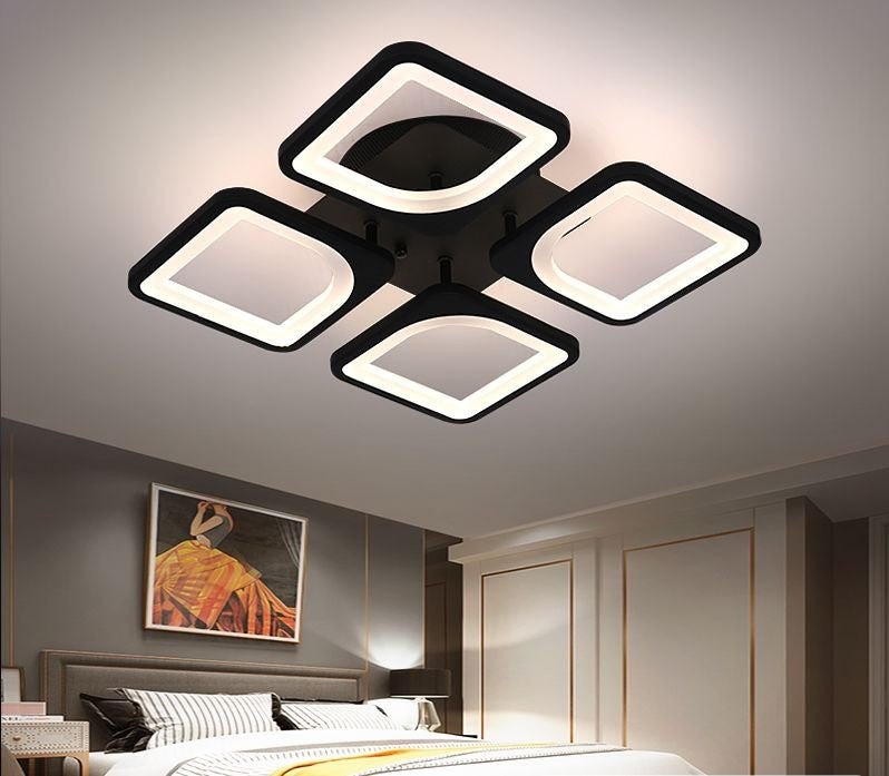 Plafoniera LED 88W cu 4 module patrate, rama maro inchis, lumina calda reglabila, montaj tavan, telecomanda WiFi