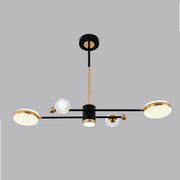 Lustra LED suspendata 60W negru-auriu, discuri acrilice si glob cristal, lumina reglabila 3000K-6500K, telecomanda WiFi