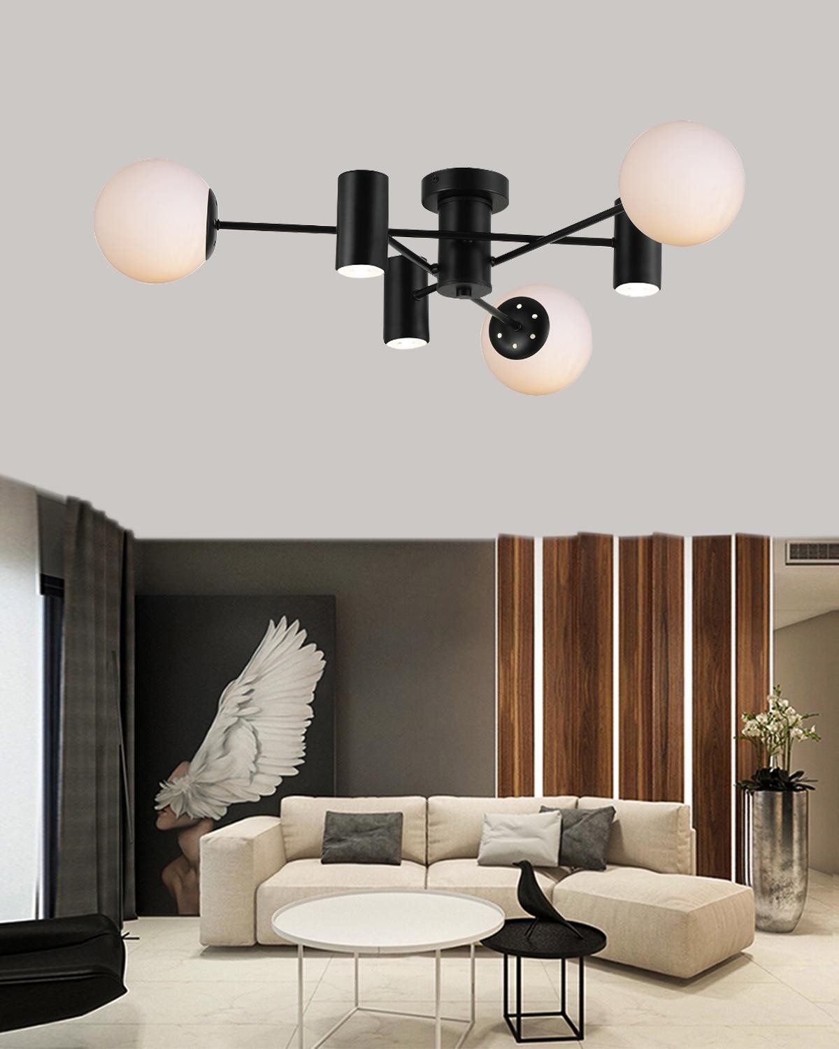 Lustra semiplafon negru mat cu globuri opale E27 si spoturi GU10, 25W, IP20, design asimetric modern pentru living