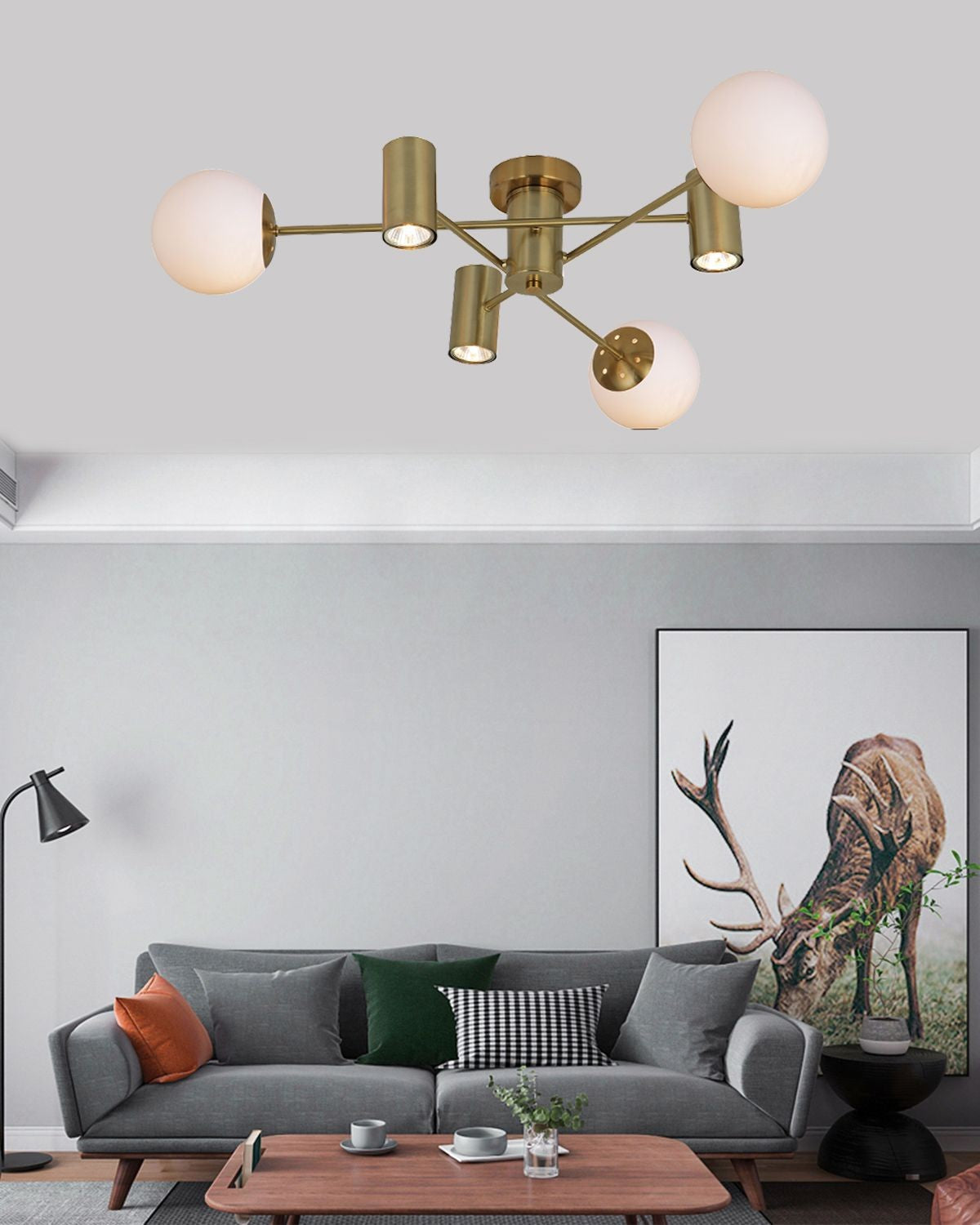 Lustra LED aurie cu globuri mate si spoturi GU10, 25W, montaj tavan, stil modern, pentru living