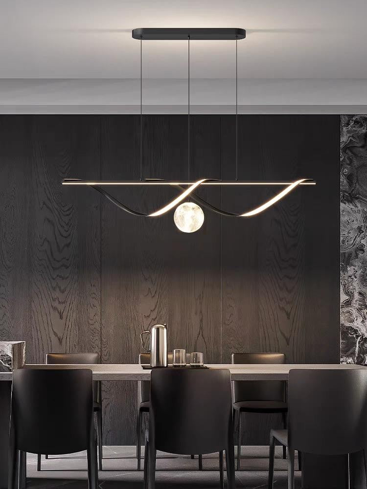 Lustra LED suspendata 156W, design ondulat negru mat cu glob marmorat, lumina calda/neutra/rece reglabila, pentru sufragerie