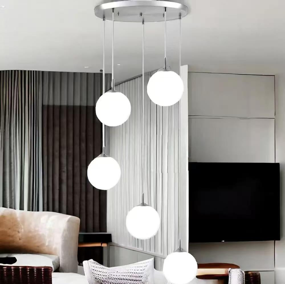 Lustra suspendata cu 5 globuri opal din acril, baza circulara cromata, E27, diametru 480mm, montaj tavan, living modern