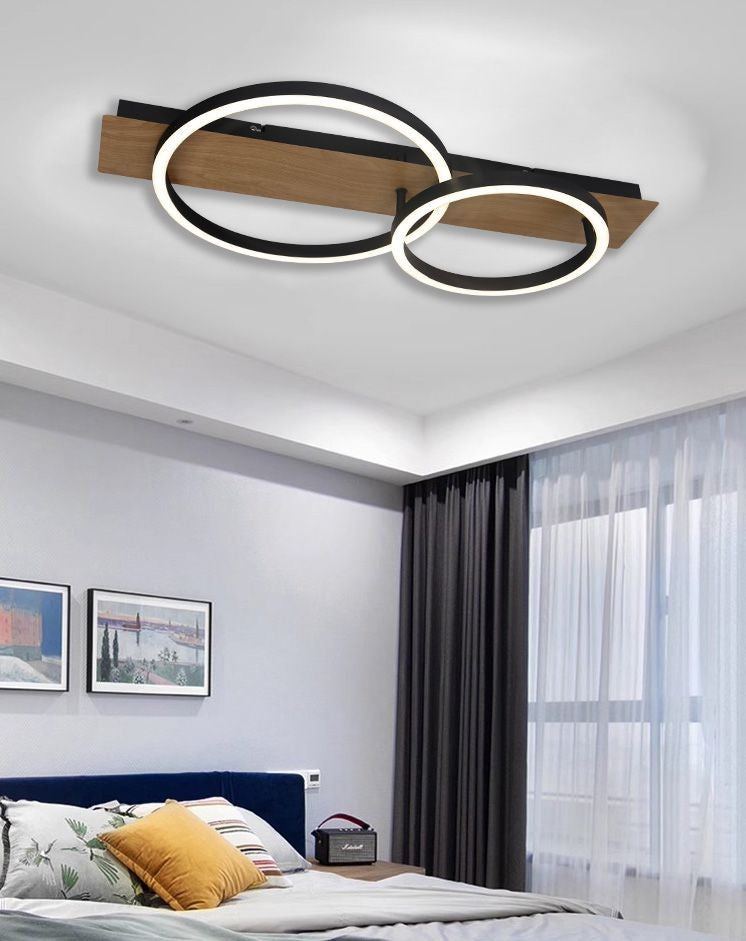 Plafoniera LED 30W cu doua inele eliptice si suport imitatie lemn, telecomanda WiFi, lumina reglabila, montaj tavan dormitor