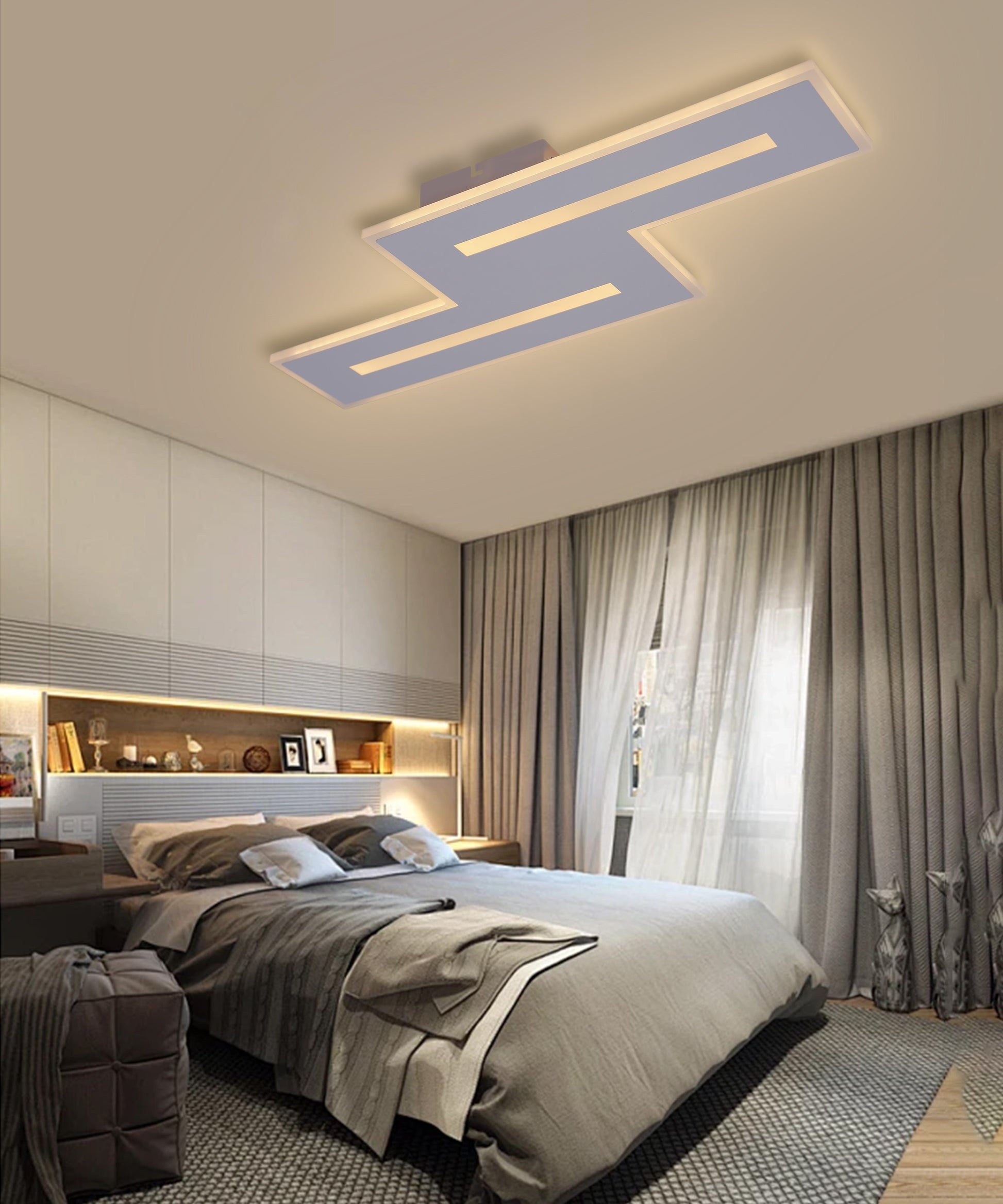 Plafoniera LED aplicata pe tavan in dormitor, lumina calda uniforma, design rectangular in trepte