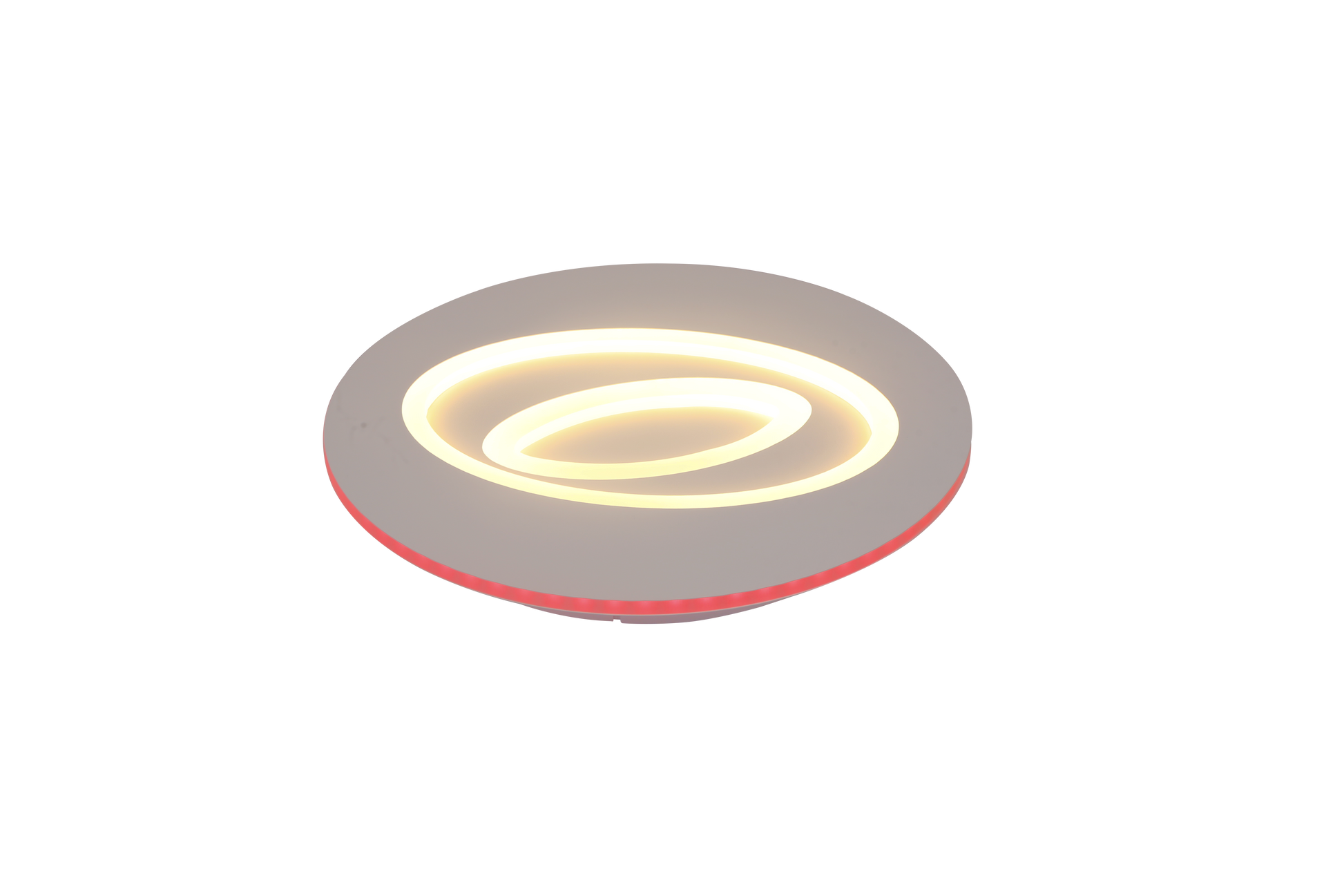 Plafoniera LED circulara cu lumina calda 3000K si retroiluminare rosie perimetral, fond alb