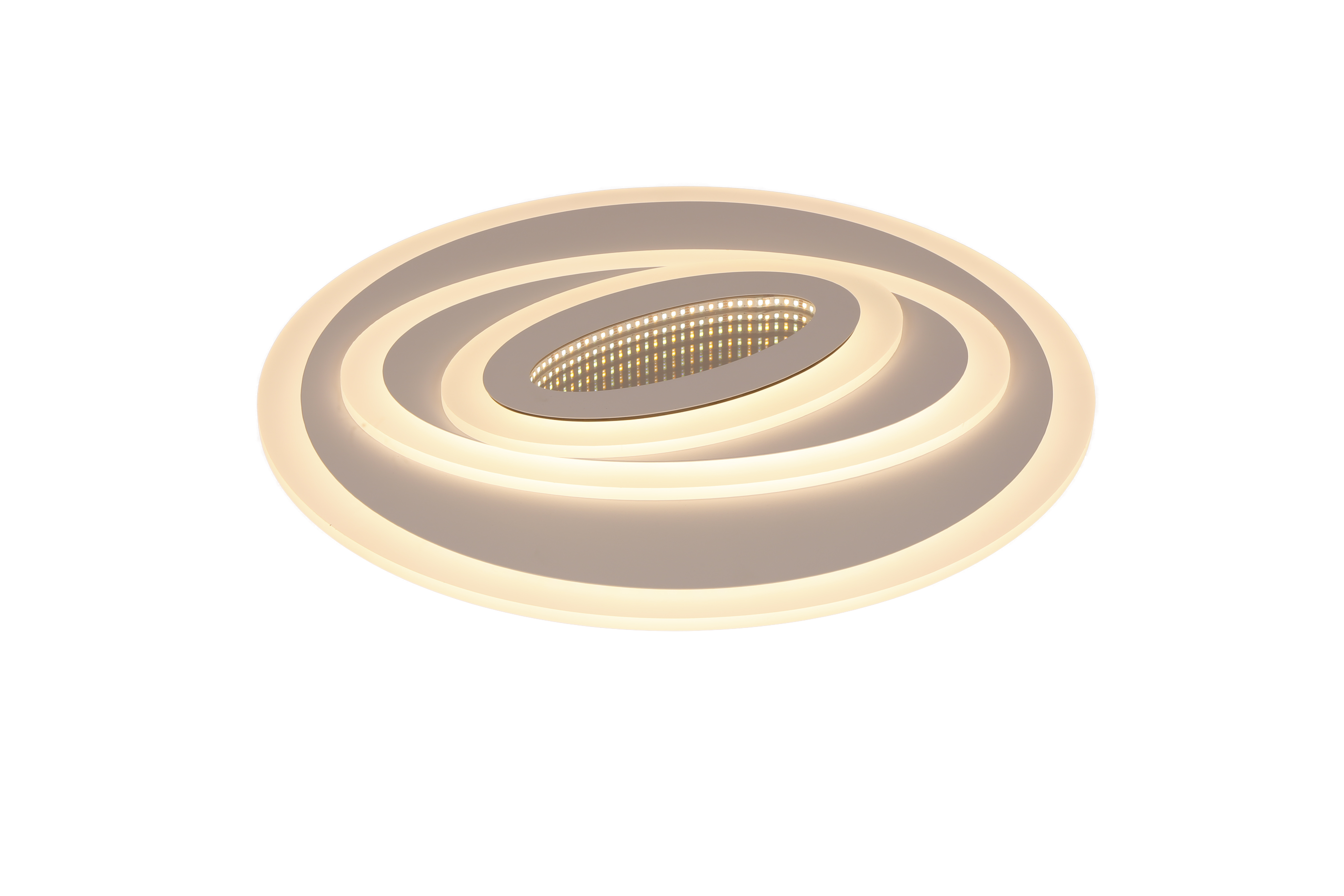 Plafoniera LED 3D cu lumina neutra, inele spiralate acril, efect oglinda discret pe fond alb
