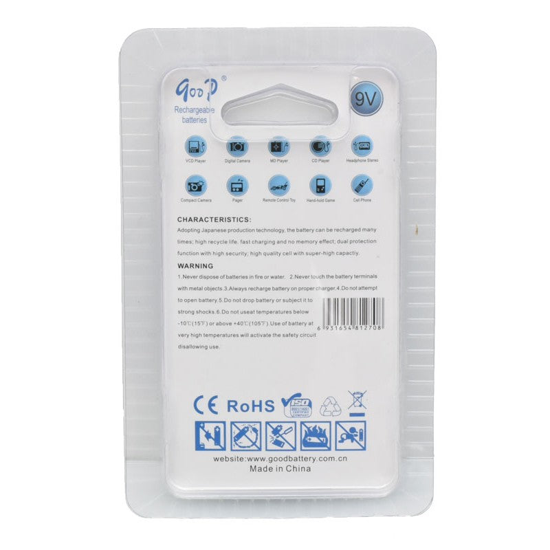 Acumulator 9V 300mAh Ni-MH, verso ambalaj cu specificatii tehnice, certificari CE RoHS si aplicatii