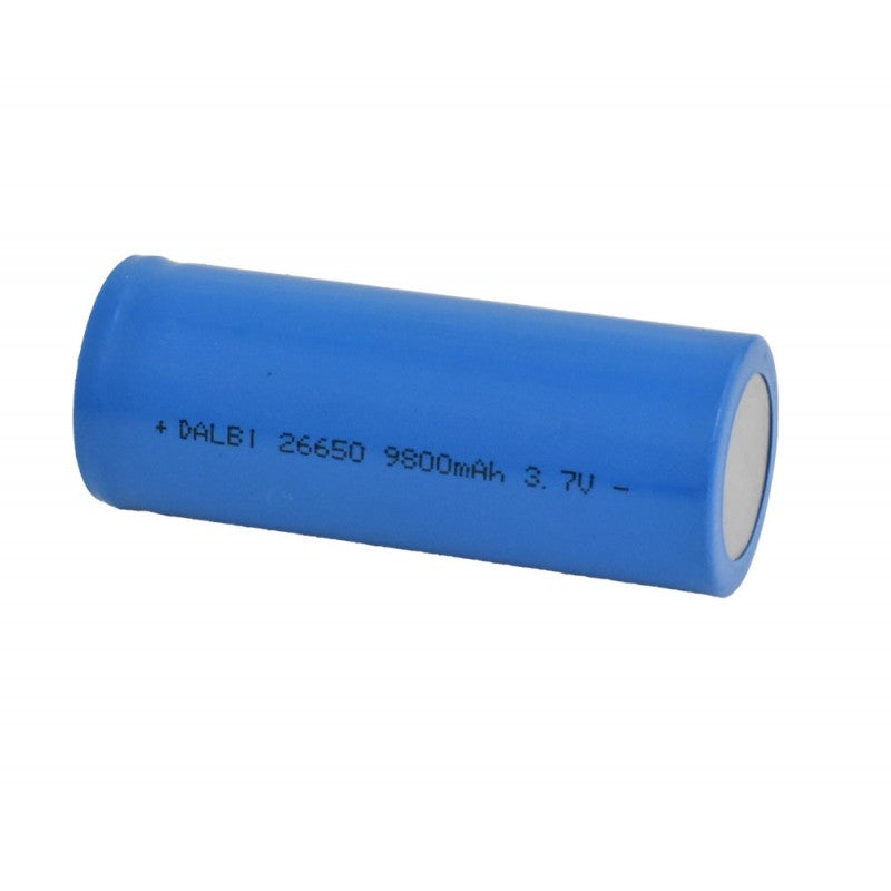 Acumulator cilindric 26650, 9800mAh, vedere laterala cu eticheta tehnica vizibila